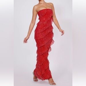Red shimmer strapless dress